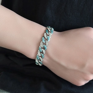 Titanium steel Cuban link bracelet with light blue and clear cubic zirconia stones