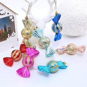 Colorful candy-shaped Christmas tree ornaments with metallic plating and glitter details