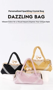 Close-up of sparkling rhinestone evening bags in black, pink, and gold with crystal clasps
