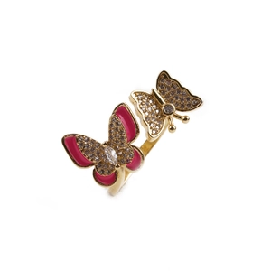 Adjustable golden butterfly ring with pink enamel wings and sparkling zircon micro-pave