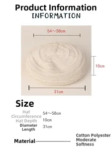 Detailed size chart for beige knitted beret showing 54-58cm circumference and 10cm depth