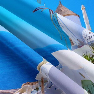 Macro shot of Mediterranean Santorini landscape print on durable polyester fabric texture