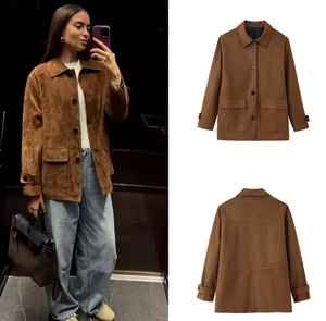 Detail of brown faux suede jacket featuring utility pockets and button closure