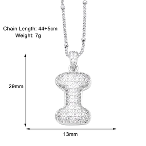 Detailed size chart for silver letter I necklace showing length 49cm and pendant 29x13mm