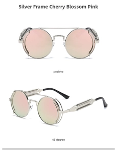 Front and 45-degree angle view of silver steampunk sunglasses with pink round lenses