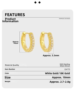 Macro detail of S925 silver twist hoop earrings with dimensions and cubic zirconia inlay