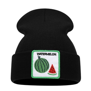 Unisex black knitted beanie hat with creative watermelon embroidery patch and text