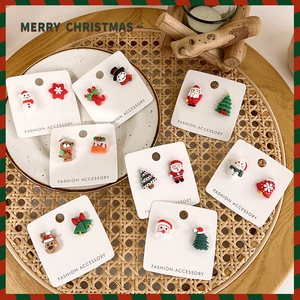 Christmas Asymmetrical Stud Earrings Cartoon Santa Snowman Reindeer Resin Jewelry With Copper Earring Post For Women