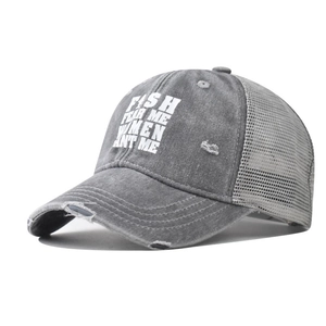 Close-up of distressed grey trucker hat with Fish Fear Me slogan and mesh back