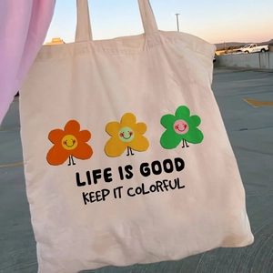 Sac cabas en toile beige avec imprimé fleurs rétro et texte Life is Good