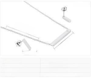 Detailed view of stainless steel bar pendant necklace and matching stud earrings set