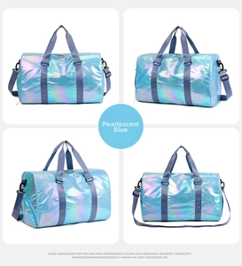Iridescent blue gradient duffel bag with shoe compartment shown from four angles