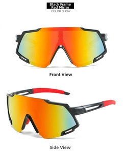 Detail view of sports sunglasses featuring red mirror lenses and hollowed black frames