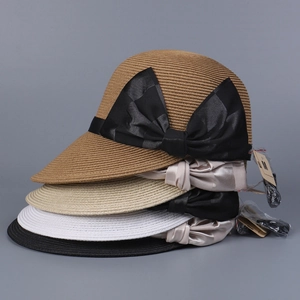 Women's woven straw sun hat with large satin bow in khaki, beige, white, and black colors