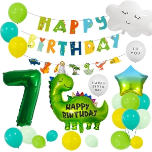 Detailed set of dinosaur theme party decorations with number 7 balloon and banners