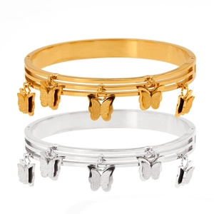 Detailed close-up of three-layer stainless steel bracelets with five frosted butterfly charms