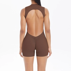 Detailed back view of brown yoga bodysuit with open back and ruched lifting detail