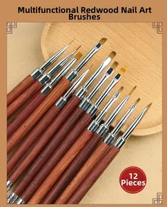 Detailed set of 12 rosewood nail art brushes with diverse heads for painting and blending