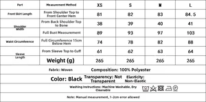 Detailed size guide and care instructions for women's long sleeve chiffon mini dress