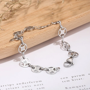 Polished stainless steel coin cross chain bracelet with minimalist hollow design