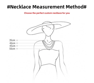 Detailed necklace length guide showing 35cm to 50cm positions on a female sketch model