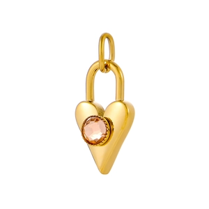 Detail of a gold heart-shaped padlock pendant with a pink zircon stone and jump ring