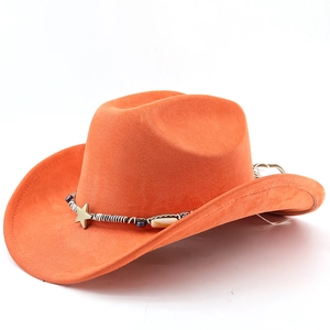 Detail of orange suede cowboy hat featuring woven band and vintage gold star metal pin