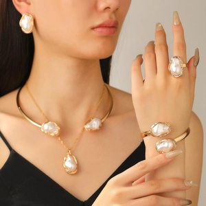 Baroque Irregular Artificial Pearl Necklace Earrings Ring Bangle Alloy Metal Jewelry Women Elegant Accessory