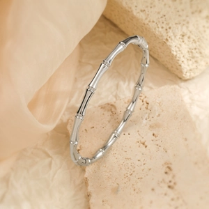 Polished silver bamboo style titanium steel bangle on a textured stone background