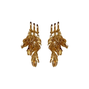 Elegant gold-tone multi-layered leaf tassel earrings with a geometric fringe design