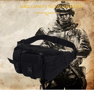 Detail of black tactical waist bag with multi-layer zippers and durable nylon material