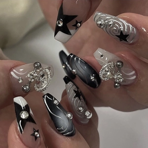 Long Coffin Press On Nails Star Pattern Y2K Style Cool Black White Silver Rhinestones 3D Planet Decoration Fake Nails For Women