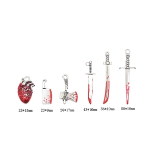 Gothic silver alloy charms set featuring sword, heart and axe with red blood drip effects