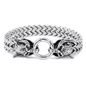 Close-up of vintage wolf head clasp with Franco link chain in polished stainless steel