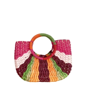Colorful half-moon woven straw tote bag with round handles for bohemian beach vacations