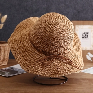 Women Straw Bucket Hat Wide Brim Foldable Bow Decoration Summer Beach Sun Protection Breathable Casual Elegant