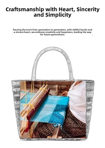 Detail of artistic tote bag featuring traditional weaving patterns on grey fabric