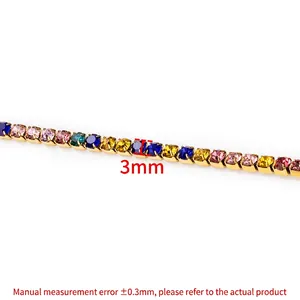 Close-up of 3mm colorful rhinestone cup chain with pink and blue crystals for DIY jewelry