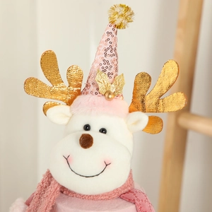 Pink Christmas reindeer plush doll with sequin hat and knit scarf for festive decoration