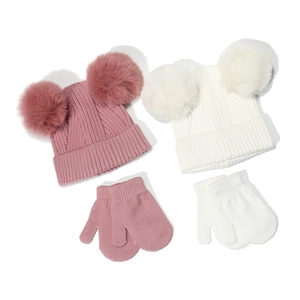 Toddler Kids Knit Hat And Mittens Double Pom Pom Faux Fur Warm Winter Ribbed Beanie Cap For Baby Boys Girls