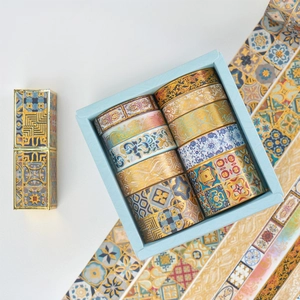 Vintage gold foil washi tape gift set with 10 rolls of floral and geometric patterns
