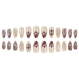 24pcs almond press-on nails set with leopard print and gold line patterns on beige base