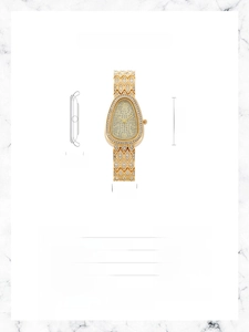 Detailed technical specifications for snake-shaped gold quartz watch with rhinestones