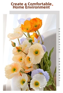 Macro view of realistic silk poppies with textured petals and fuzzy stems for home decor