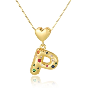 Macro shot of gold letter P heart pendant with colorful zircon stones on a box chain