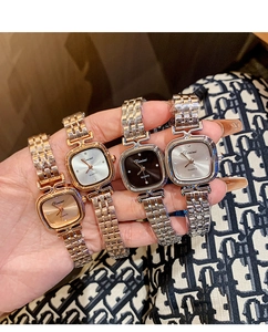 Detailed display of four elegant square quartz watches with different color metal bands