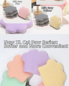Macro detail of extra large cat claw facial sponges in assorted pastel macaron colors