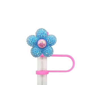 Blue glitter flower straw topper with pink bead for 10mm Stanley tumbler straws