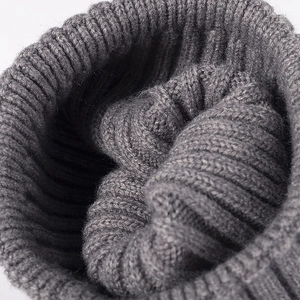 Winter rib-knit dark grey beanie showing premium thick texture and inner stitching detail