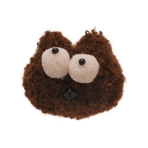 Plush cartoon monster brooch in dark brown curly faux fur with cute large eyes